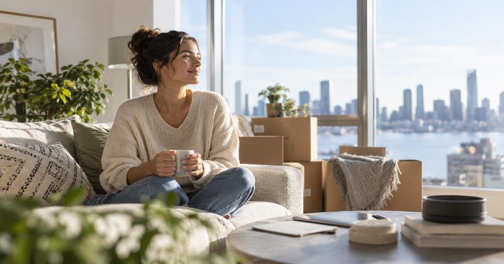 Junge Frau sitzt allein mit einer Tasse Kaffee auf dem Sofa ihrer neuen Wohnung, umgeben von Umzugskartons, mit Blick auf die Skyline einer Großstadt. | Immobilienfinanzierung