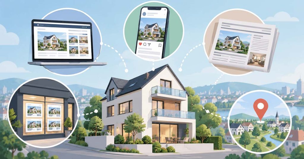 Illustration eines modernen Hauses, umgeben von verschiedenen Immobilien-Vermarktungskanälen wie Online-Portalen, Social Media, Zeitungsanzeigen und Makler-Schaufenstern. | Immobilienverkauf